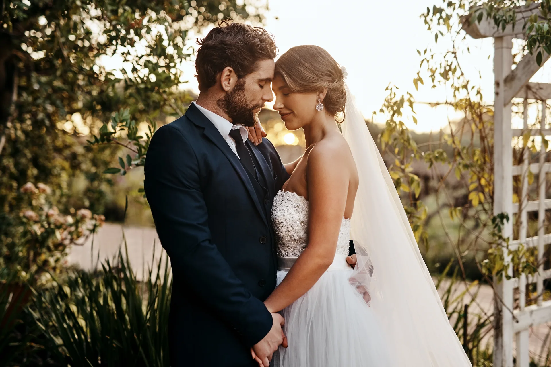 Couple celebrating their wedding day outdoors